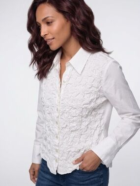 Dialogue White Textured Front Button-Down Shirt